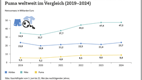 Umsatzentwicklung der Sportartikelhersteller Adidas, Nike und Puma (2019–2024)