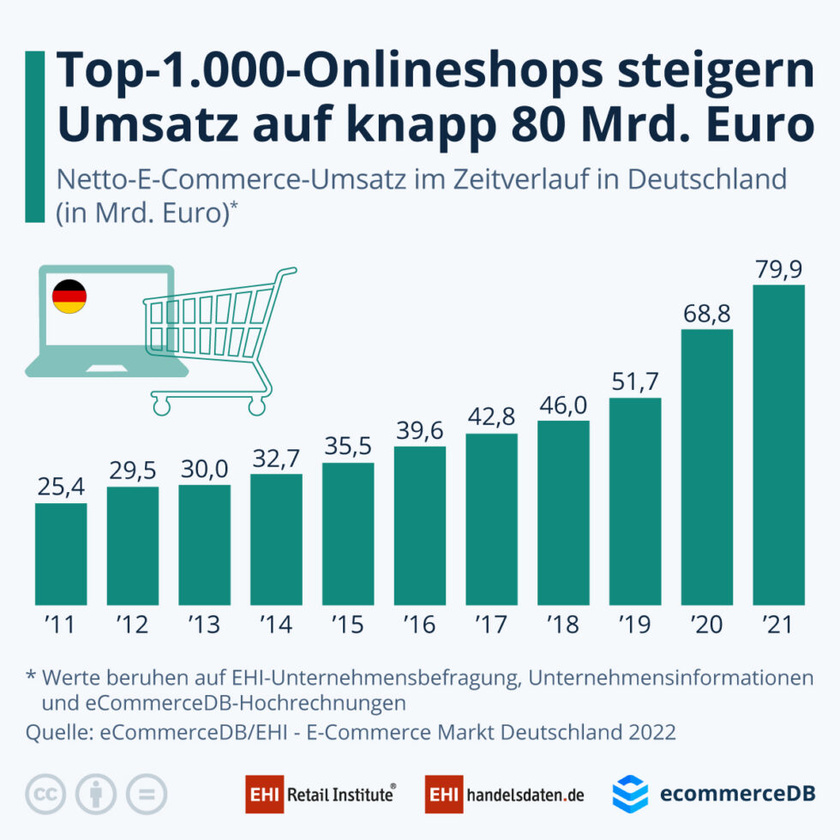 Gesamtumsatz der Top-1.000 Online-Shops (2011-2021)
